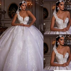 Nouvelles robes de mariée sexy une épaule dentelle appliques perles robes de mariée sur mesure balayage train robe de bal robe de mariée