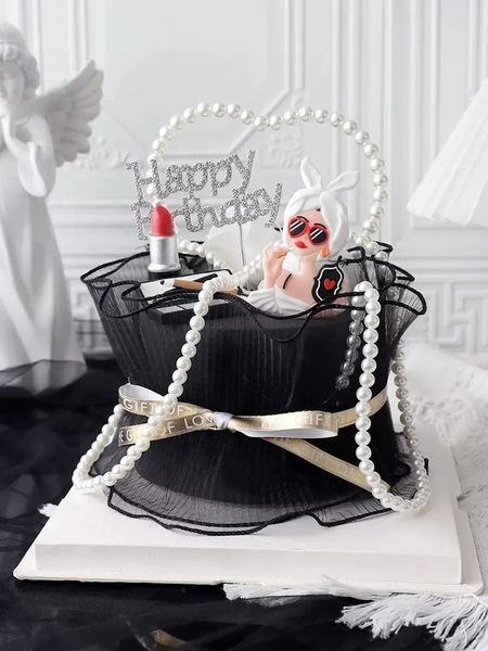 Nouveau mariage dames robe tasse gâteau haut rouge à lèvres perle maquillage gâteau haut fille anniversaire gâteau décoration fête de mariage fournitures 240124