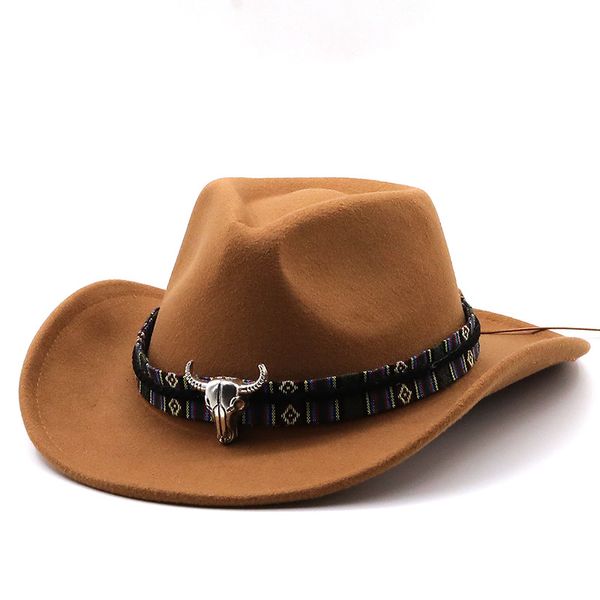 New Western Cowboy Chapeaux Femmes Hommes Large Bord Fedora Chapeau En Métal Bull Head Décoration Jazz Top Hat Cowgirl Chapeaux D'équitation pour Hommes