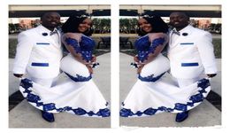 Nouvelles robes de bal africaines blanches satin bleu royal dentelle Aso Ebi manches longues illusion appliques robes de soirée formelles Pageant Celebrity6467588