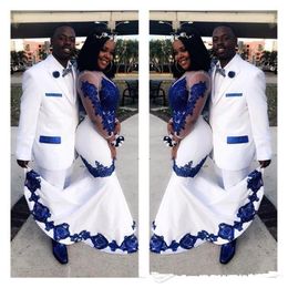 Nouveau Blanc Africain Robes De Bal Satin Bleu Royal Dentelle Aso Ebi Manches Longues Illusion Applique Formelle Robes De Soirée Pageant Celebrity184f