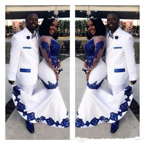 Nieuwe Witte Afrikaanse Prom Jurken Satijn Koningsblauw Kant Aso Ebi Lange Illusion Mouwen Applique Formele Avondjurken Pageant Celebrity184f