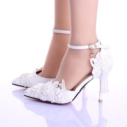 Nouveau Blanc belle Vogue Chaussures De Mariage Dentelle Perles Perles 9CM Talons Hauts De Mariage Chaussures De Mariée Talon Aiguille Accessoires De Mariée Pump346M