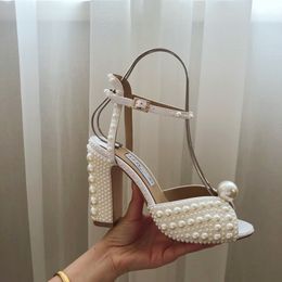 Nouveau blanc grosses perles décorées sandales chaussures pour mariage talon épais Peep Toe mode femmes chaussures talons 10.5 cm taille 34-42
