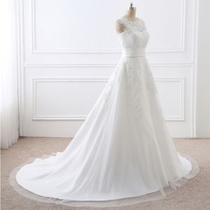 Nouvelles robes blanches élégantes col rond avec Appliques une ligne Tulle longues robes de mariée de fête de mariage pour les femmes robes de mariée robes DH4238