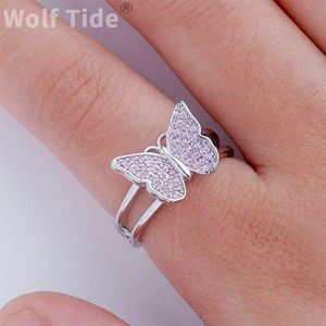 Nouvelle mode papillon femmes bague de manchette ouverte bande plaqué or blanc Bling rose zircon cubique complet CZ diamant bagues rappeur Bijoux Bijoux cadeaux pour dames