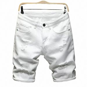 Nouveau blanc Jeans Shorts hommes Fi déchiré genou longueur pantalon simple décontracté Slim trou Denim Shorts mâle Streetwear R1qW #