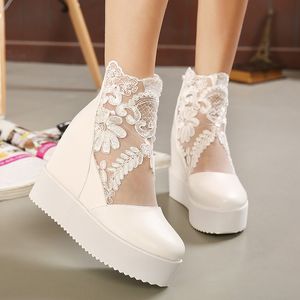 Nouveaux bottes de mariage en dentelle blanche Pompes de mariée argentées Bottines de cheville compensées 2 couleurs taille 34 à 39 wx