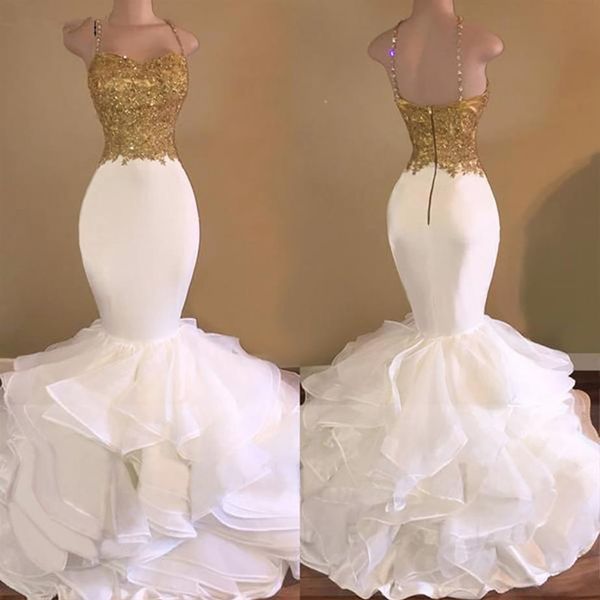 Nuevos vestidos De graduación blancos sirena tirantes finos encaje con cuentas fiesta sin espalda Maxys vestido largo De graduación vestidos De noche Robe De Soiree246G