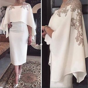 Nouveau Blanc Satin Cocktail Robes De Soirée Avec Wrap Appliques Thé Longueur Gaine Dubaï Occasion Formelle Robe De Soirée Formelle Sur Mesure