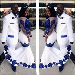 Nouveau Blanc Satin Bleu Royal Dentelle Aso Ebi Robes Africaines Manches Longues Illusion Appliques Robes Formelles Pageant Robe De Mariée