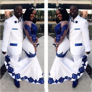 Nieuwe wit satijn koningsblauw kant aso ebi afrikaanse jurken lange illusie mouwen applique formele toga optocht trouwjurk