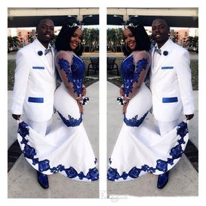 Wit Satijn Royal Blue Lace Aso Ebi Afrikaanse Prom Jurken Lange Illusion Sleeves Applique Avond Formele Toga Pageant Celebrity Jurk