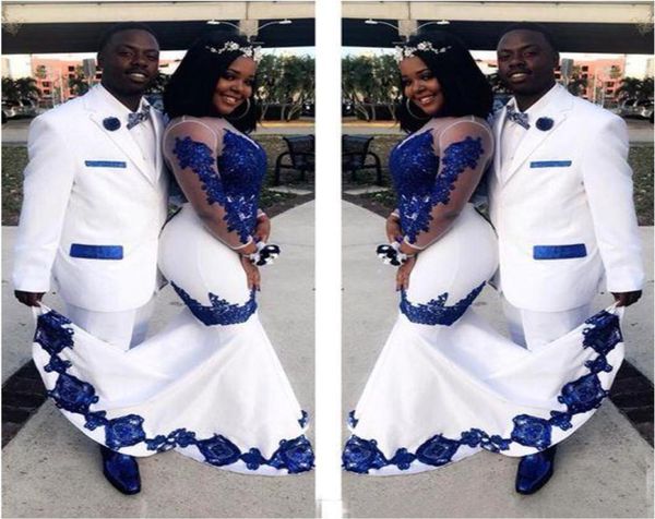 Nuevo satén blanco Royal Blue Lace Aso Ebi Vestidos africanos Africanos Expliques de mangas de ilusión