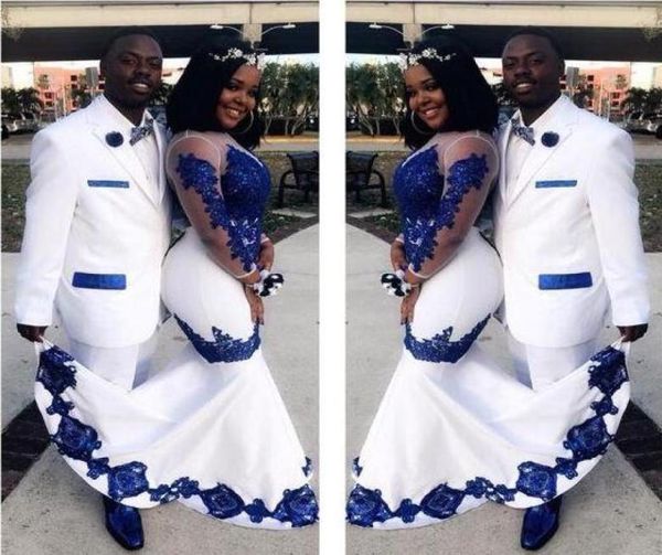 Nuevo satén blanco Royal Blue Lace ASO EBI EBI African Prom Dresses Long Illusion Sleusing Appliques Evening Formal Gowns Celebrity2015204