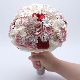 Nieuwe witte bruid bruid met bloemen kunstmatige boeket lint strass pearl bouquet decoratie