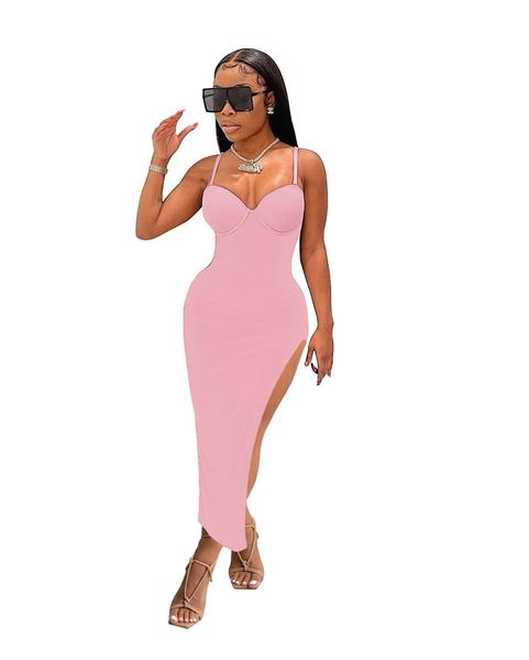 Designer Nouveau Gros Robes D'été Femmes Spaghetti Strap Robe Sexy Moulante Split Longue Jupe Party Club Wear Dos Nu Hanche Emballé Robe En Vrac 7093