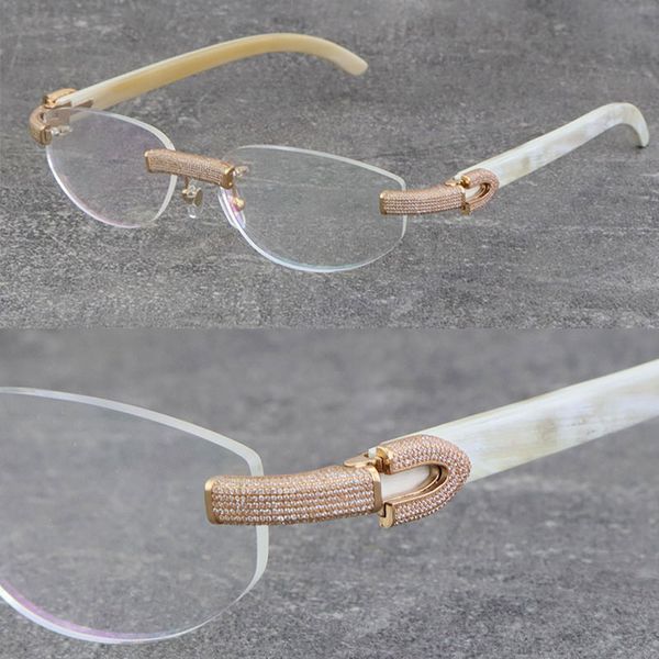 Nueva venta al por mayor Marcos sin montura de metal Óptico 1164 Grano Micro-pavimentado Juego de diamantes Mezcla Blanco Genuino Cuerno de búfalo natural Gafas Hombres Mujeres Marco de anteojos de oro de 18 quilates