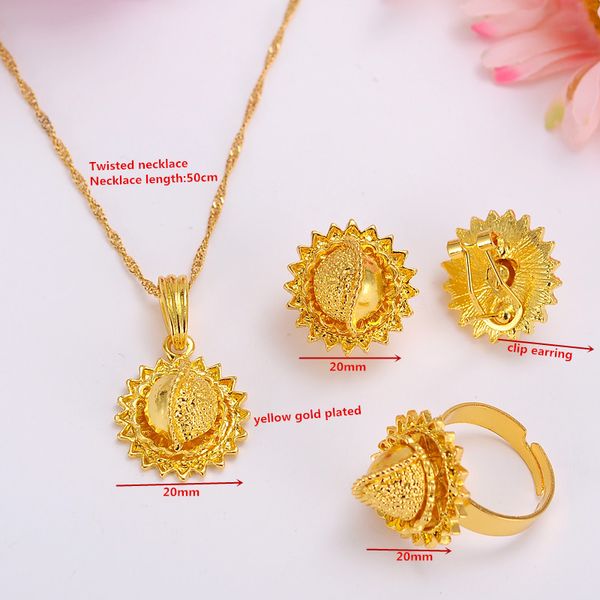 Nueva promoción al por mayor brillante colgante collar pendientes anillo joias ouro 24K Real amarillo fino oro sólido GF conjuntos de joyería nupcial