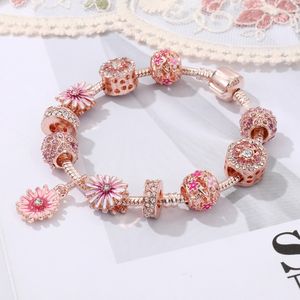 Bracelet à petites fleurs de marguerite, Style grand trou, perle en or Rose, bricolage, marque de styliste, bijoux classiques, vente en gros, nouvelle collection