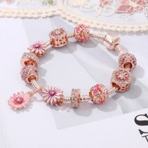 Nueva venta al por mayor, pulsera de flores de Margarita pequeña, cuentas con agujero grande, pulsera de cuentas Diy de oro rosa, joyería de lujo de diseñador de marca