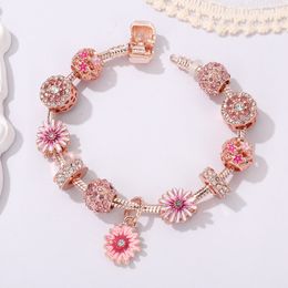 Nuevas pulseras de flores de Margarita pequeña al por mayor, cuentas de estilo con agujero grande, pulseras de cuentas Diy de oro rosa, joyería nueva de lujo de diseñador de marca