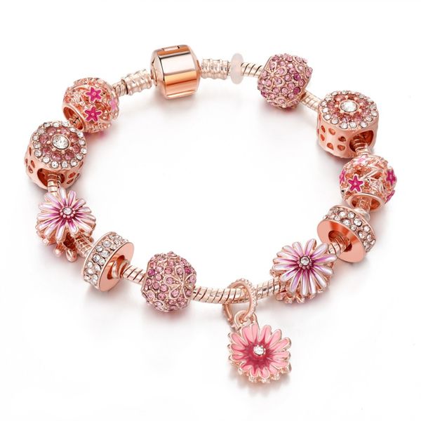 Nouveau gros petits bracelets de fleurs de marguerite style grand trou perle or rose bricolage bracelet de perles marque concepteur bijoux pour femmes