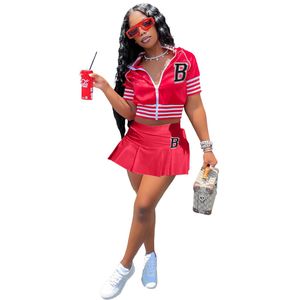 Nouveau gros femmes robe ensembles tenues d'été à manches courtes veste de baseball + mini jupe correspondant ensemble décontracté printemps vêtements à la mode jupe costume en vrac 7078