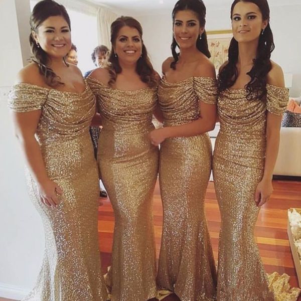 Elegante sirena con hombros descubiertos, vestidos de dama de honor con lentejuelas doradas, vestido de fiesta de boda con lentejuelas fruncidas