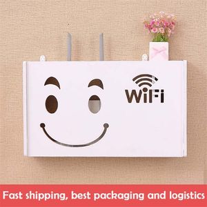 Nieuwe WiFi Router Plank Opbergdozen Kabelvermogen Plus Wire Beugel Opbergdoos Hout-Plastic Wandplank Opknoping Plug Beugel Box 210315