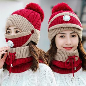 Gorros a prueba de viento para mujer, gorros de punto cálidos, juegos de bufandas para mujer, máscara acolchada de invierno, Protector de cuello, conjunto de 3 piezas, gorros de lana para ciclismo 3014