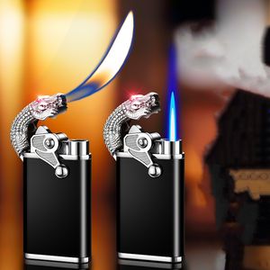 Nouveau Coupe-Vent Torche Jet Briquet Métal Crocodile Double Feu Conversion Briquet Creative Direct Bleu Flamme Briquet Homme Fumer Cadeau