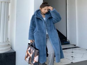 Nieuwe winterblauwe faux nertsen fur lange jas vrouwen