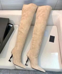 Nueva marca de invierno Opyum, botas largas hasta la rodilla, tacones altos para mujer, punta estrecha, vestido blanco y negro para mujer, fiesta de boda, comodidad para caminar, bota de tacón alto EU35-43