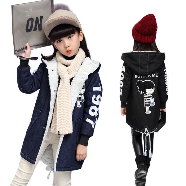 New Winter Children's Denim Jackets for Girls Long Clothes Girl Kids Thick Warm Outerwear Coats Denim Cotton Hooded Jacket 201126