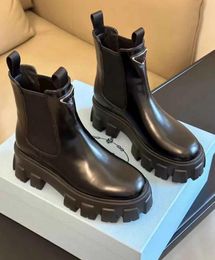 Nouveau hiver élégant marque Monolith femmes bottines Chunky Combat Boot semelles de cosse noir en cuir brossé fête de mariage Lady Martin bottillons avec boîte