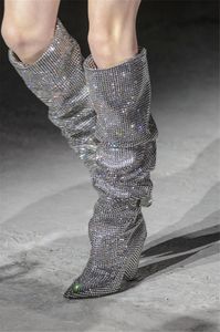 2021 Dames Winter Laarzen Mode Fonkelende Diamond-Studded Puntige Teen 8cm Ceen Heel Model Schoenen Grote Dames Over-The-Knee Boot Hakken Dijhoog
