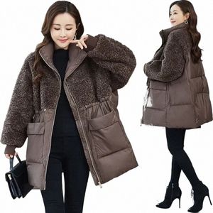 Nouvelle veste d'hiver pour femmes laine d'agneau Patchwork manteaux Lg manches hauts chaleur Cott veste surdimensionné coréen Fi l75I #