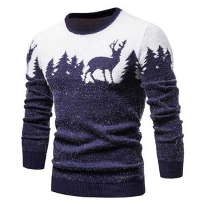 Nuevos suéteres de invierno para hombre con estampado de ciervos y árboles de Navidad para hombre, jerséis informales con cuello redondo para hombre, jerséis ajustados para hombre Y0907