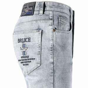 Nouveau hiver hommes jeans stretch fi décontracté super qualité broderie jambe droite 99% coton lâche grande taille 42 Bruce Shark S7YB #