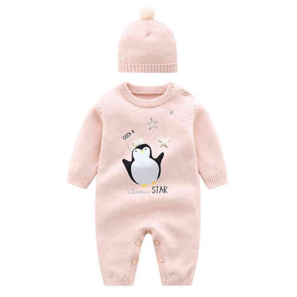 Nouvel hiver nouveau-né bébé fille vêtements à manches longues dessin animé pingouin rose pull en laine tricoté bébé garçon fille barboteuse et chapeau ensemble G220521