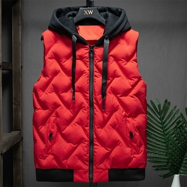 Nouveau hiver gilet hommes décontracté imperméable chaud à capuche Slash poches sans manches manteau rouge Olive noir couleur grande taille 201120