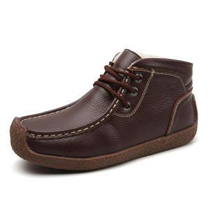 Nieuwe winter warme katoenen dames enkel laarzen zachte echt lederen vrouwelijke korte sneeuwschoenen casual veter mocassins dames flats