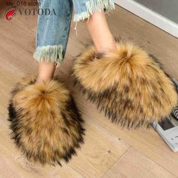 Nouvelles pantoufles d'hiver Slippées à fourrure Ratonon Fox Slides en fausse fourrure Plux Flip Flop Chaussures de pantoufles moelleuses chaudes Femme T230828