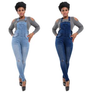 Nieuwe vrouw overall jeans mode denim broek gescheurd verontruste casual gebleekte knop sexy bodysuit gratis winkelen