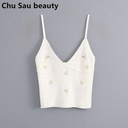 new woman summer sexy white V-neck embroidery knit short crop camisole sleeveless tops bottoming vest 210308