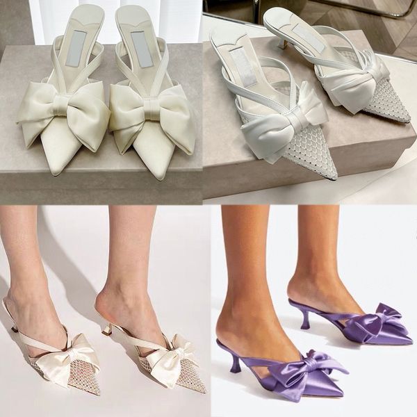 Nouvelles chaussures à talons hauts pour femmes, sandales de mode, semi-remorque, chaussures Muller, nœud papillon, chaussures à talons blancs, chaussures à talons pour dames célèbres, sandales de qualité supérieure avec boîte d'origine