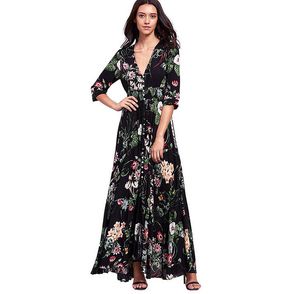 Nouveau femmes bohême robe florale dame Vintage fleurs imprimer col en V élégant longue robe femme robes décontractées C3088