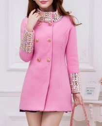 Nieuwe luxe van dames luxe strass kristal patchwork stand kraag medium lang wollen roze schattige jas casacos plus size smlxl