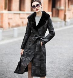 Nieuwe vrouwen luxe winter echt schapenvacht lederen natuurlijke nertsen bontkraag katoen-gewatteerde warme lange parka jas sjerpen casacos 5XL